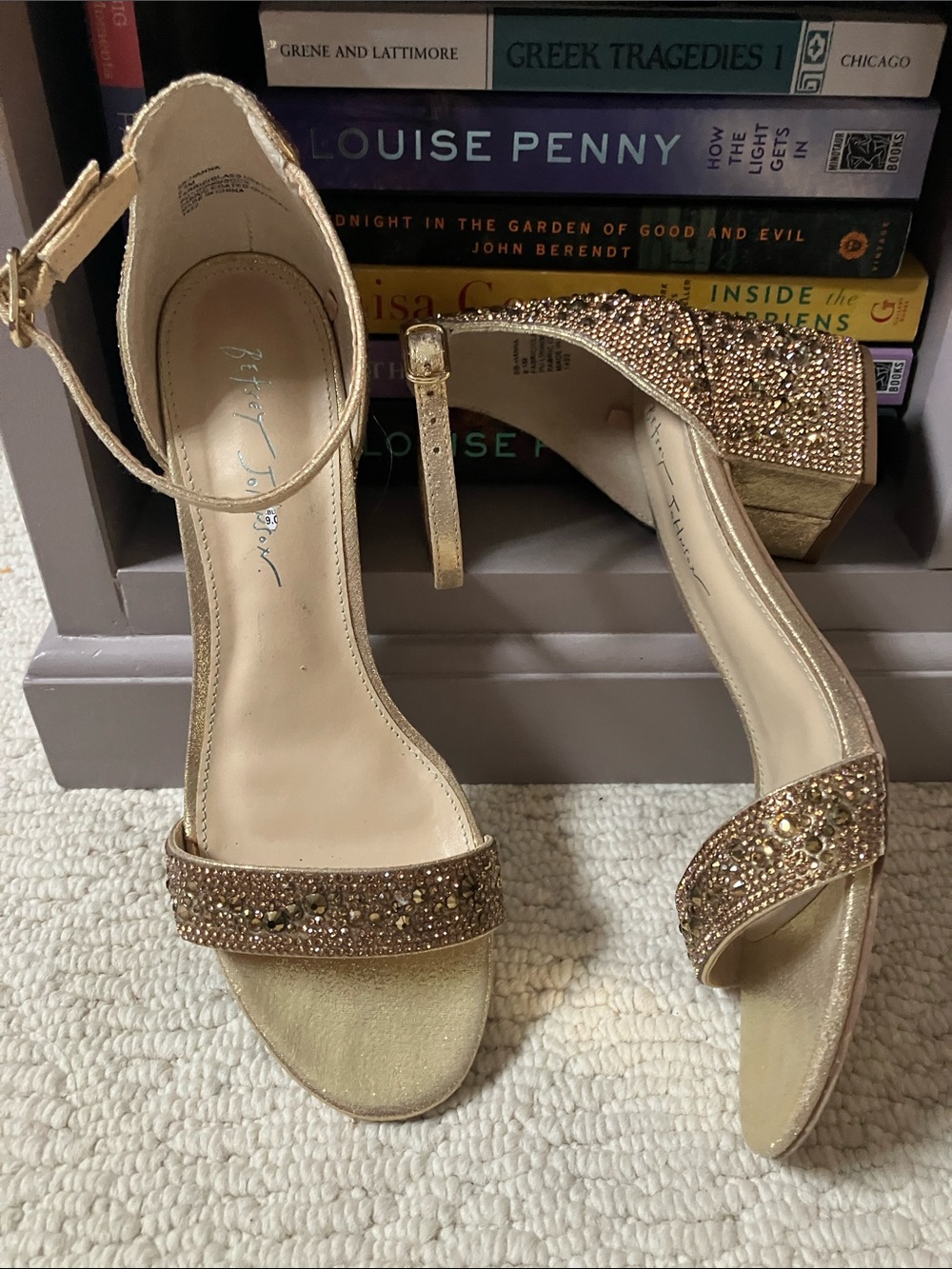 Betsey Johnson Gold Crystal Ankle Strap Block Heels Sandals Hanna Shoes 8.5